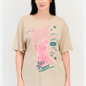 Beige David Bowie Graphic T-Shirt with Pink and Green Print